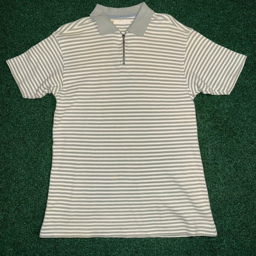 Perry Ellis Quarter Zip Green/White Stripe Polo Shirt Men's Medium